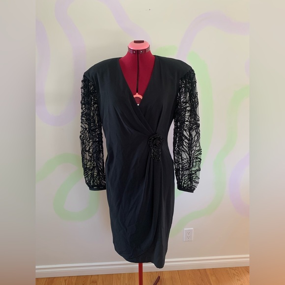 1980s Formal Black Dress With Detailed Sleeves - Picture 1 of 5